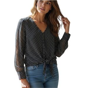 Broadway & Broome Polka Dot Tie Front Long Sleeve Sheer Silk Blouse Black XS